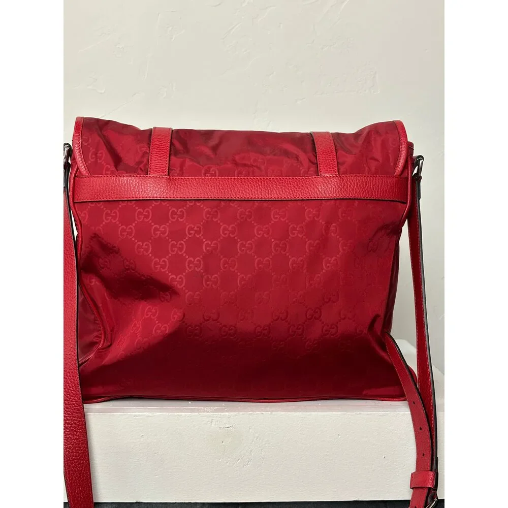 Gucci Red Nylon Monogram Double Buckle Flap Messenger Bag